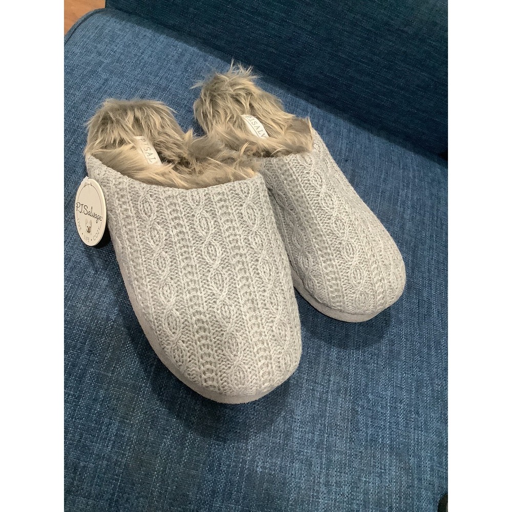 PJ Salvage Womens Size M/L Faux Fur Lined Cable Knit Slippers Clogs Gray S5